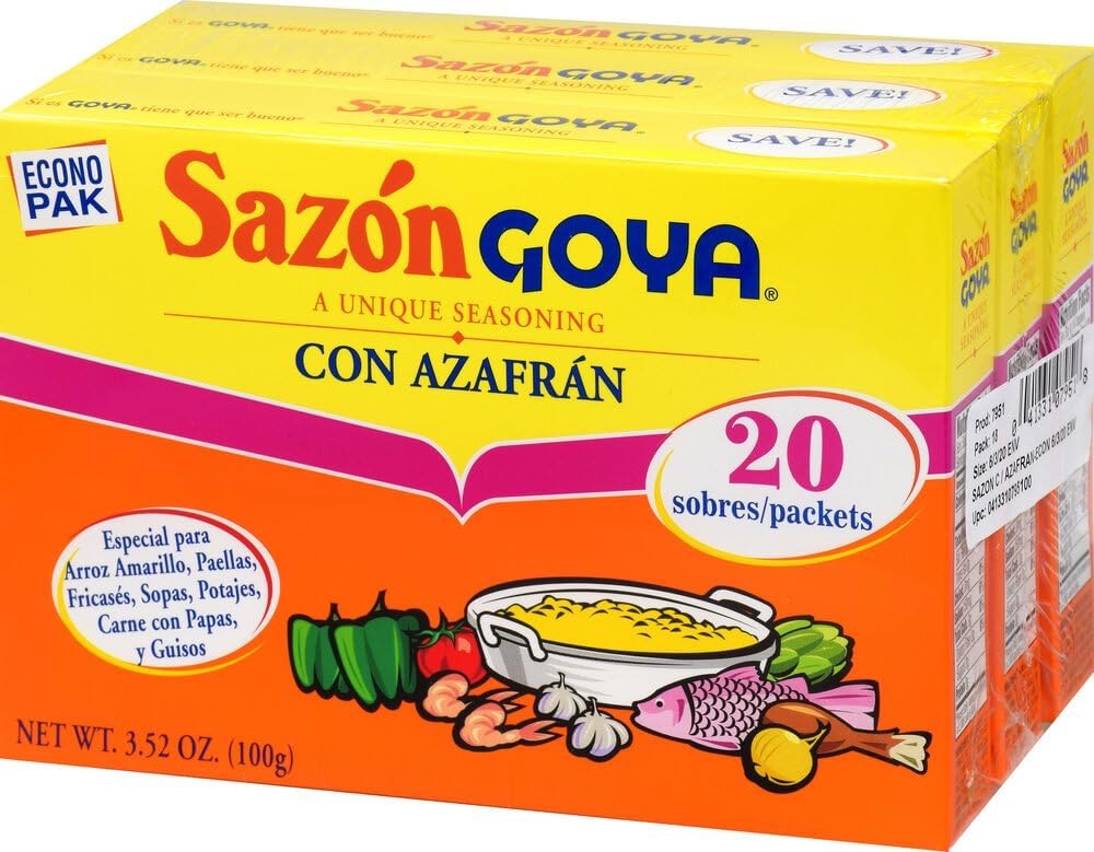 Paquete de Sazón GOYA con azafrán de 20 sobres, 3.52 oz en total.