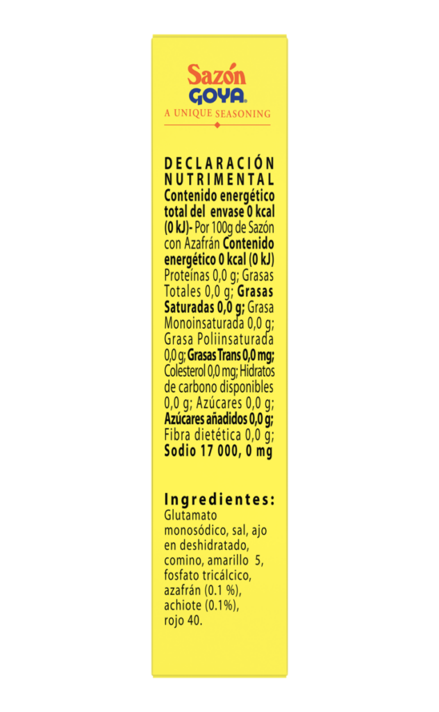 Información del producto Sazón con Azafrán y sus ingredientes.