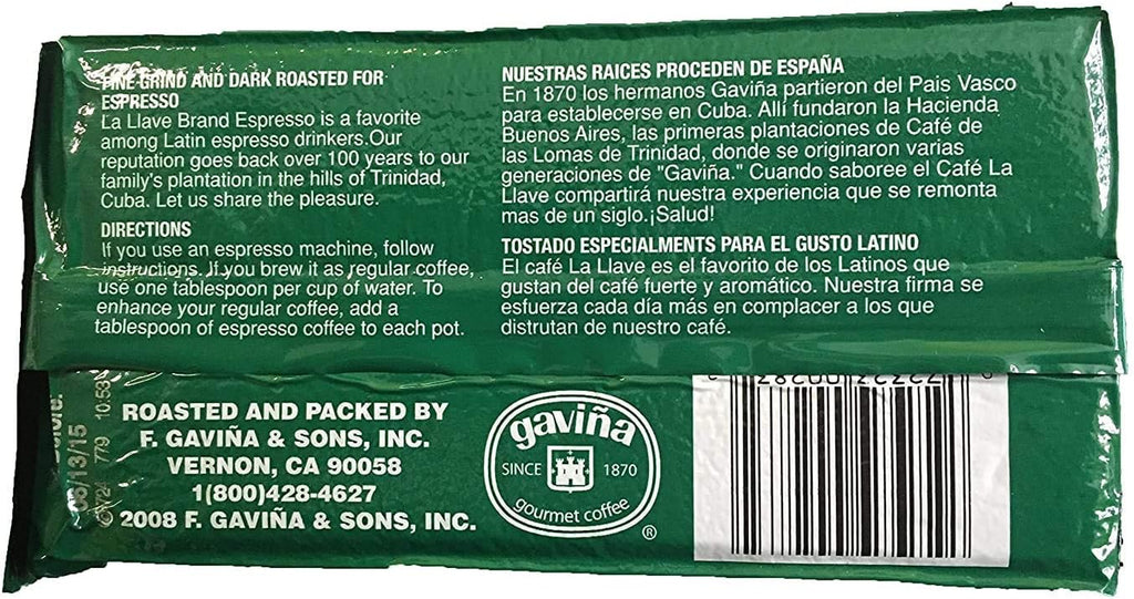 Vista posterior del paquete de café cubano La Llave Espresso molido de 284 g.