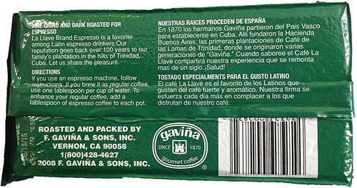 Vista posterior del paquete de café cubano La Llave Espresso molido de 284 g.