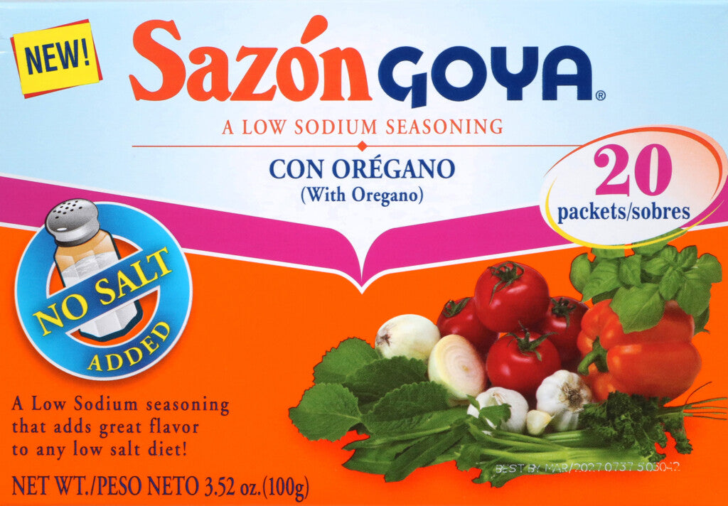 Paquete de Sazón GOYA con orégano bajo en sodio.