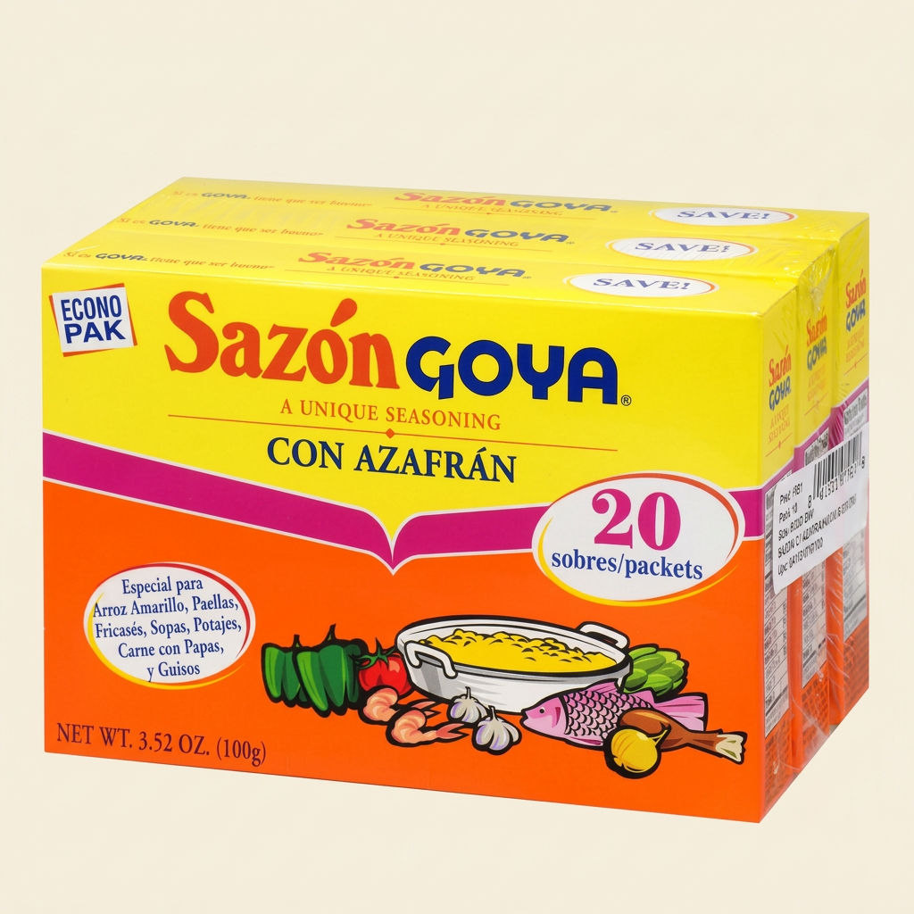 Sazón con azafrán de 20 sobres con fondo crema